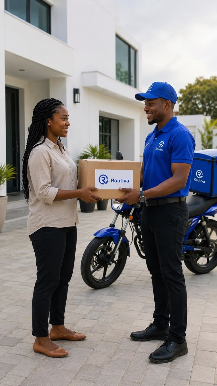 Routiva rider handing a package to a customer
