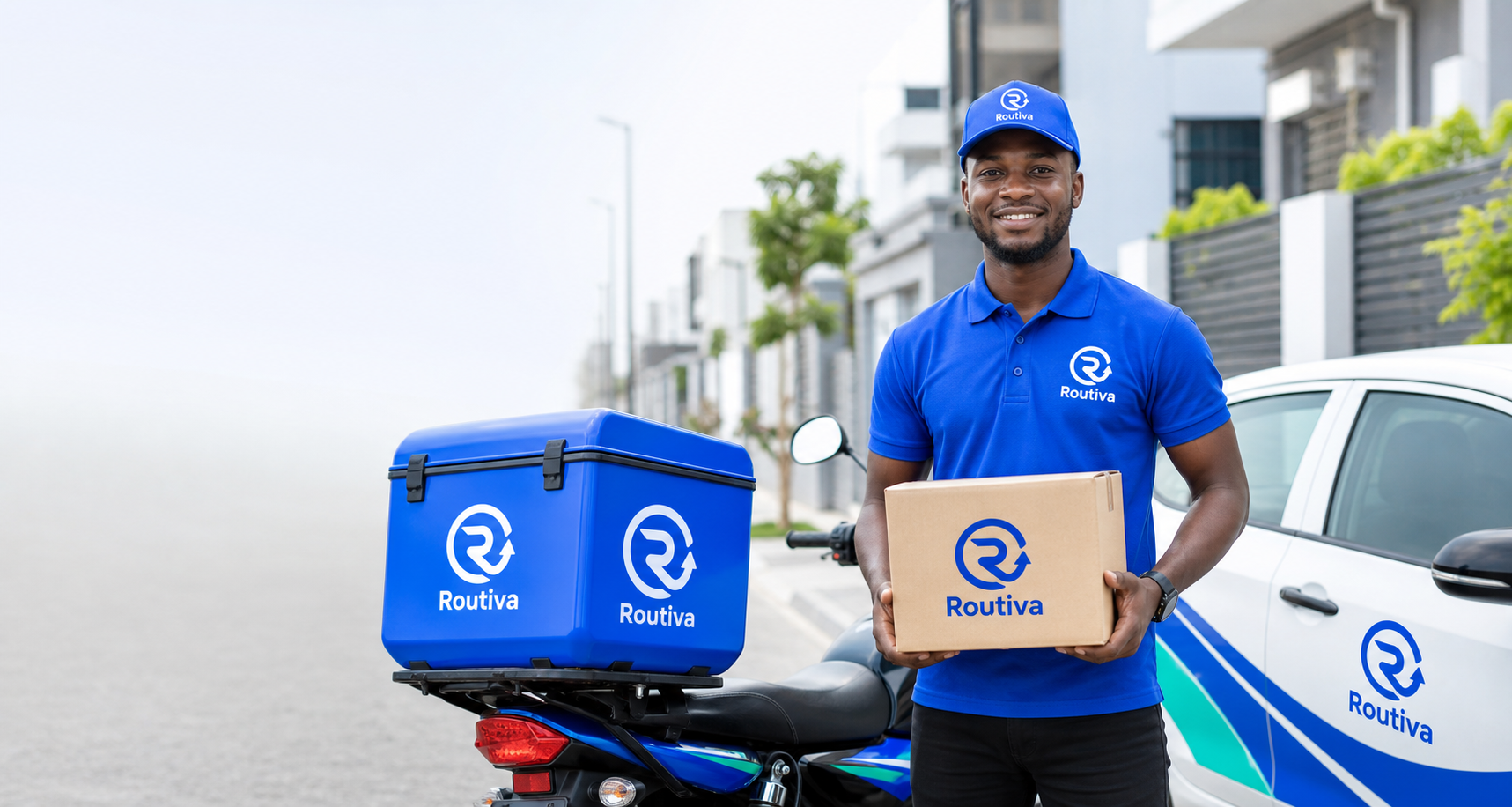 Routiva branded rider with parcel, delivery bike, and car