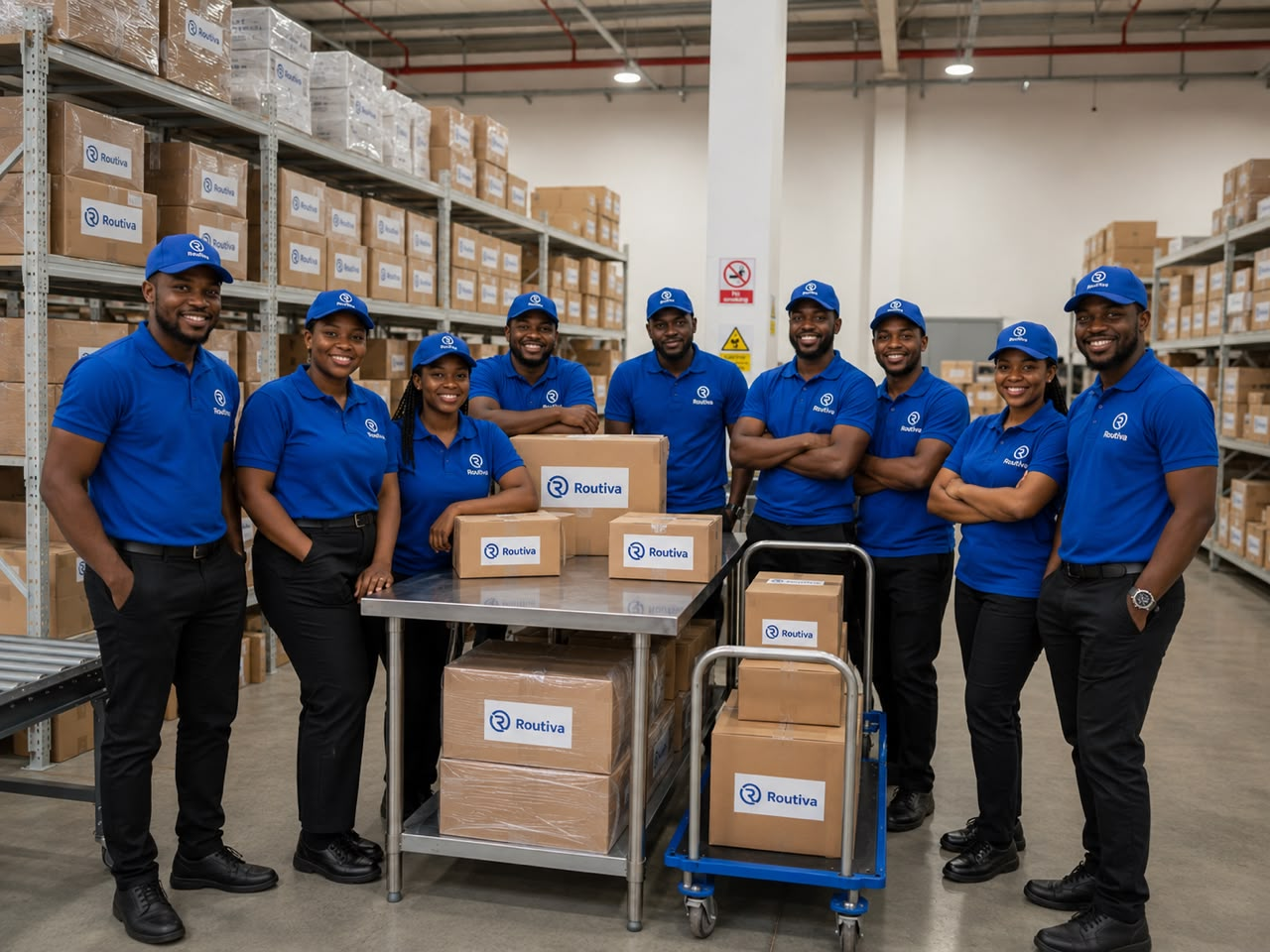 Routiva delivery team in a warehouse with packages